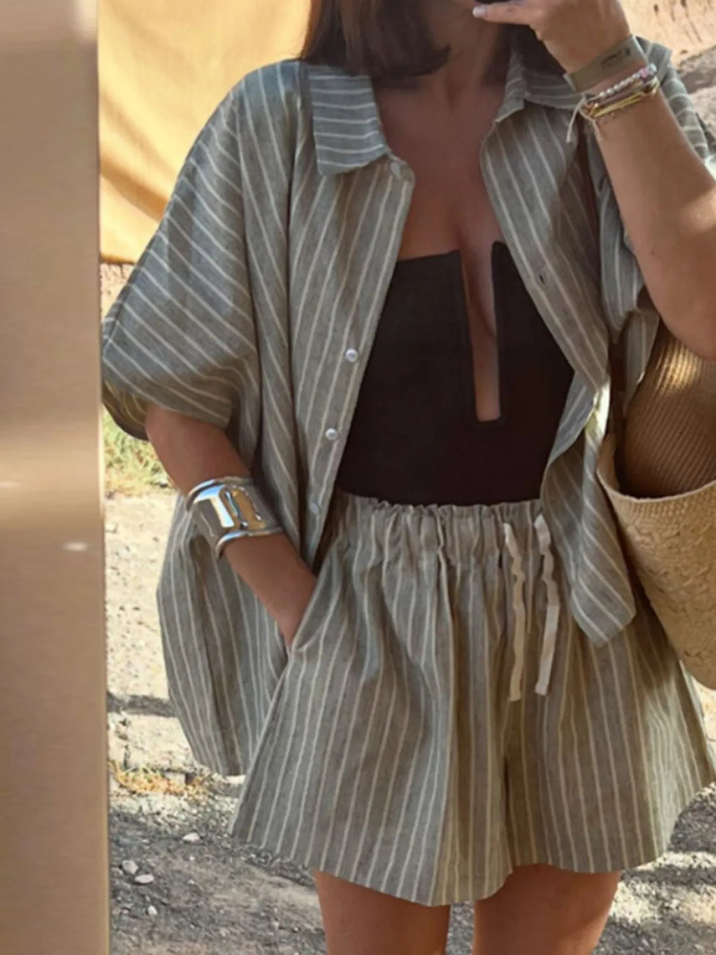 Striped Linen Shirt and Shorts Two-Piece Summer Set