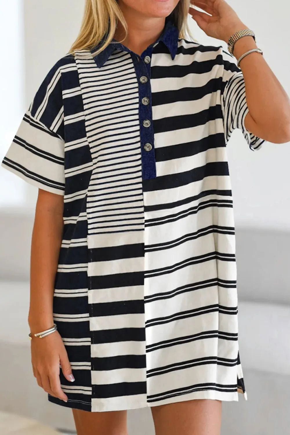 Button Detail Striped Short Sleeve Mini Dress Black