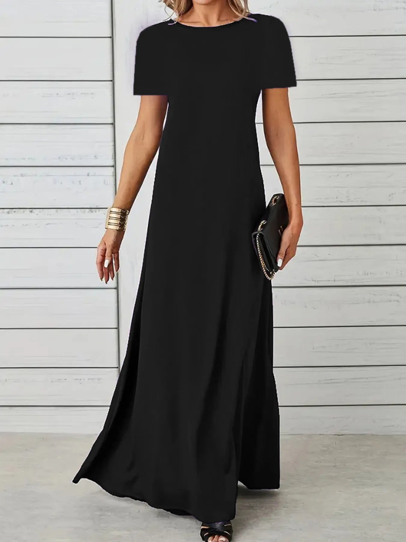 Full Size Round Neck Short Sleeve A-Line Maxi Dress Plus Size Black