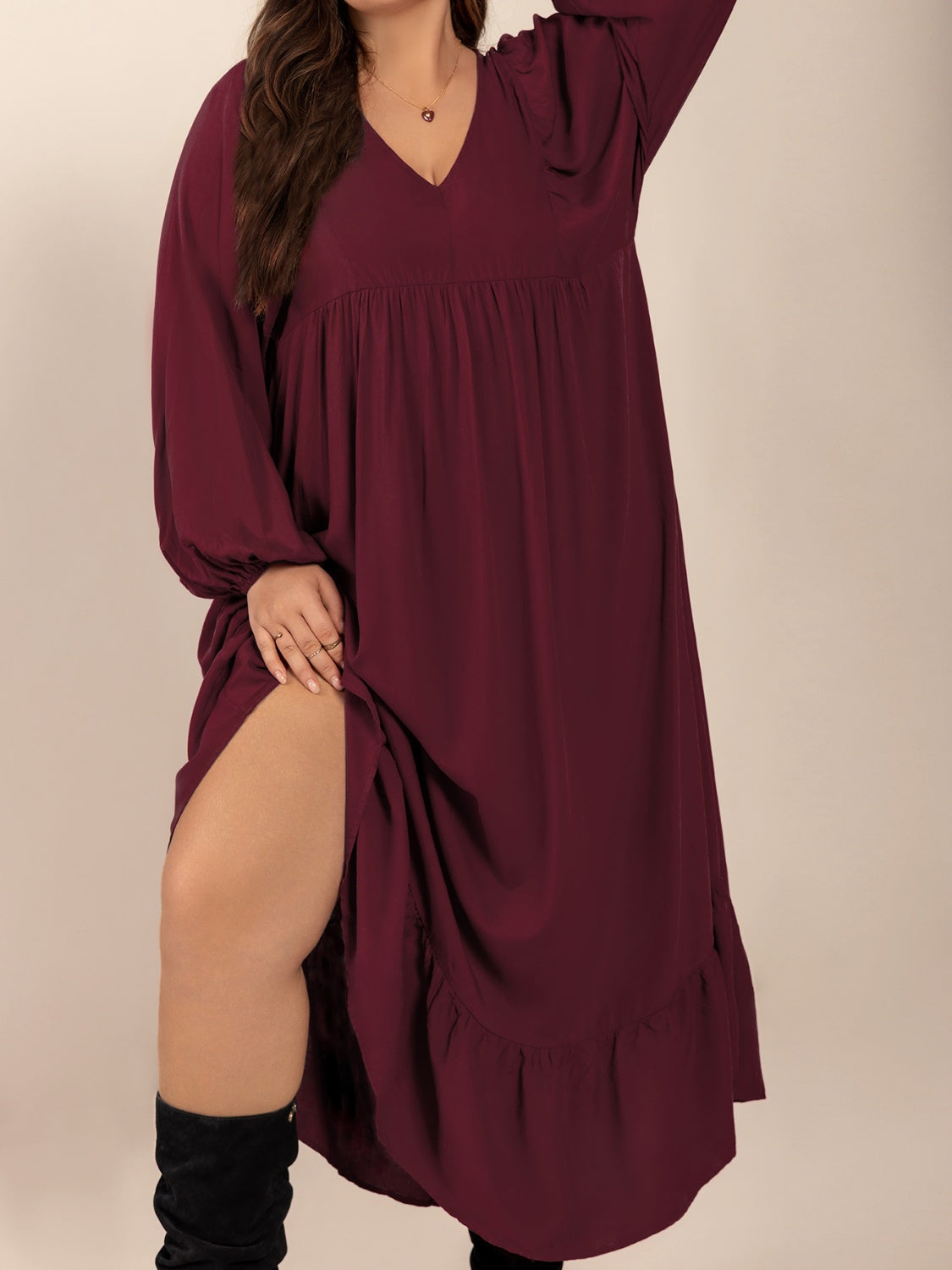 Plus Size Ruffled Hem V-Neck Balloon Sleeve Dress