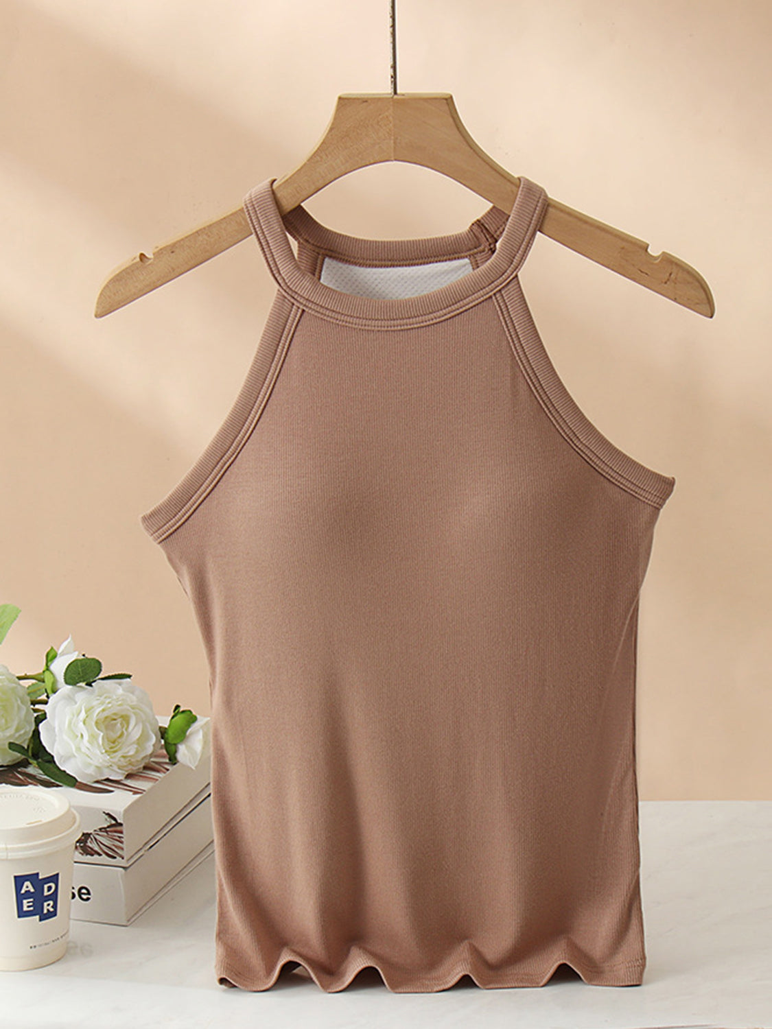 Grecian Neck Tank With Chest Pads Camel