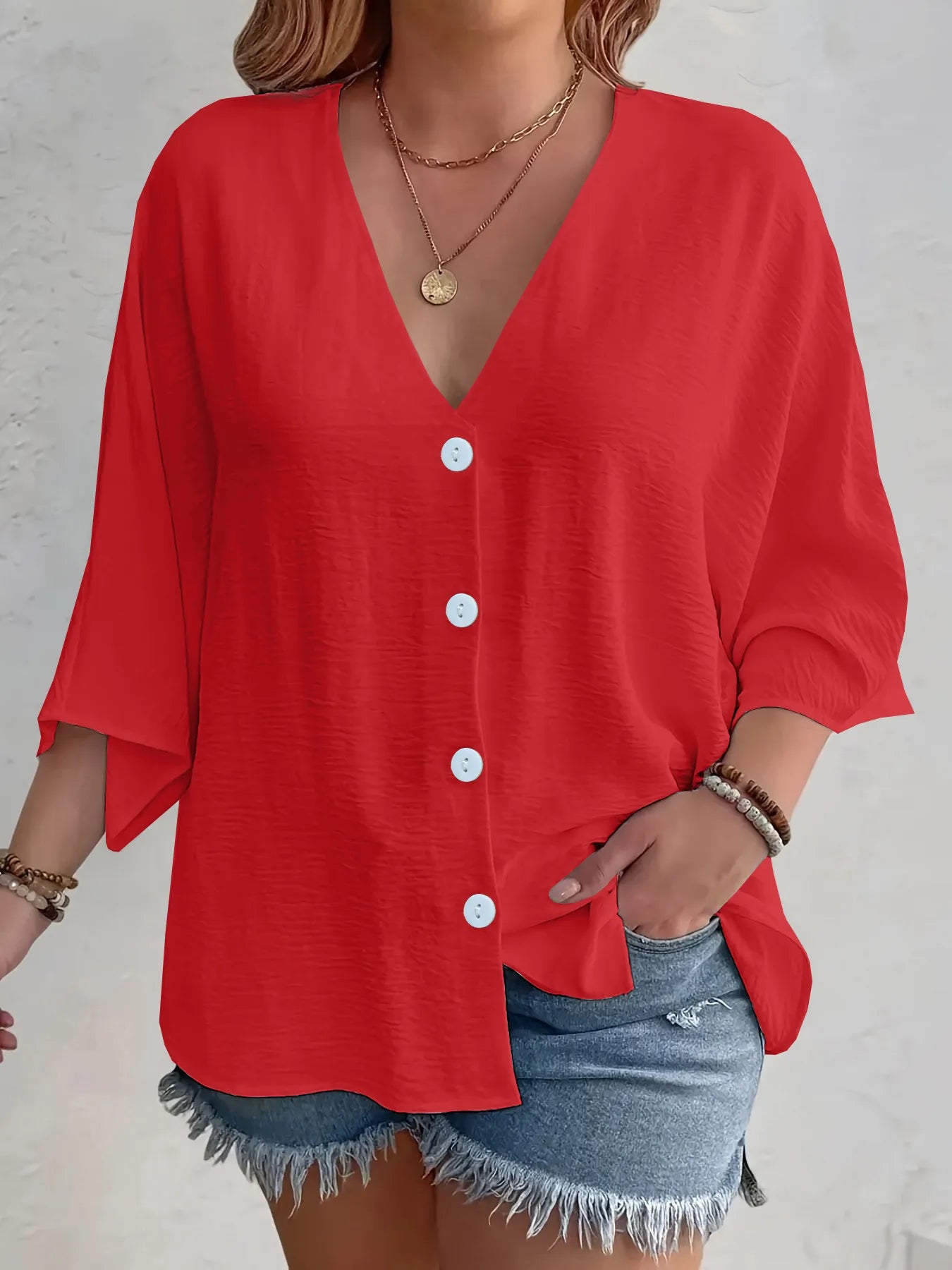 Full Size Casual V-Neck Button Down Relaxed Fit Blouse Plus Size Red