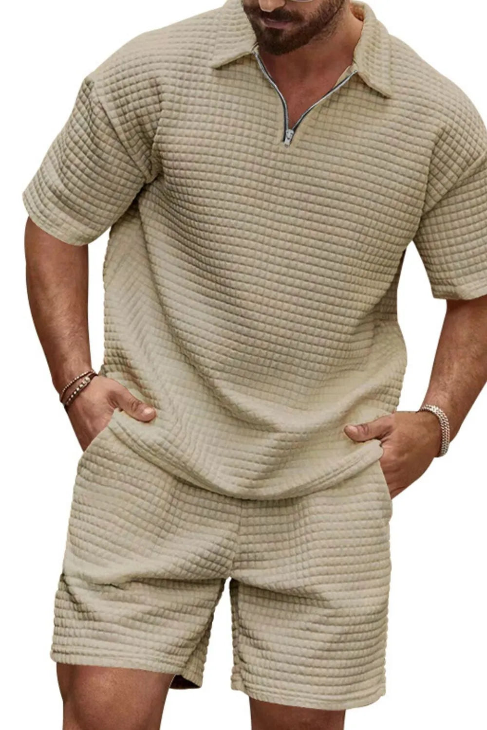 men's men's full size zip collar short sleeve top and shorts set plus size - product showcase