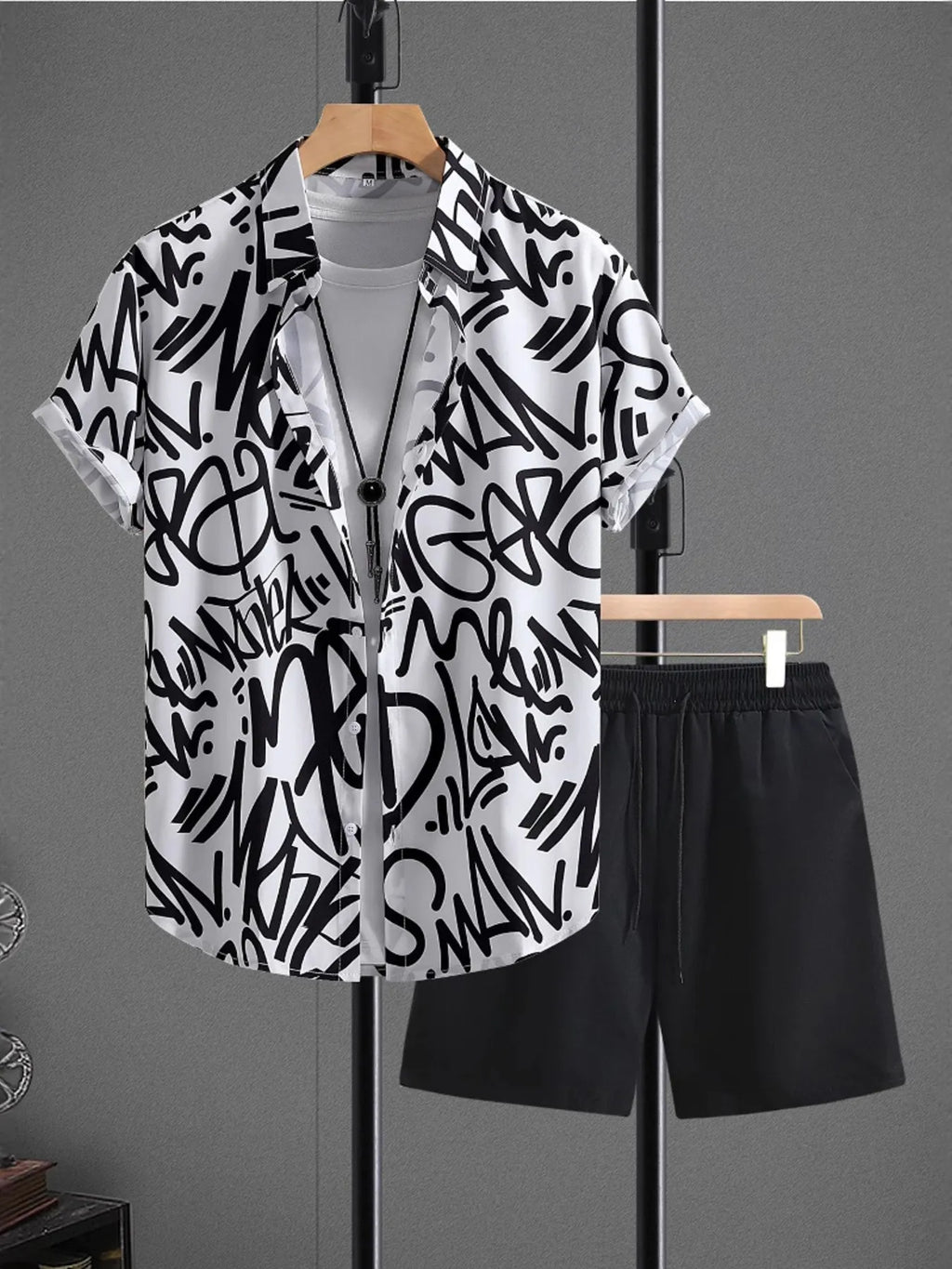 men's men's letter print shirt and shots set - product showcase