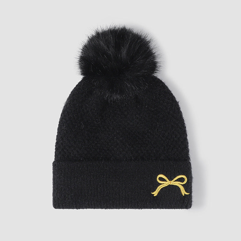 Thermal Bow Knit Hat with Pompom Black One Size