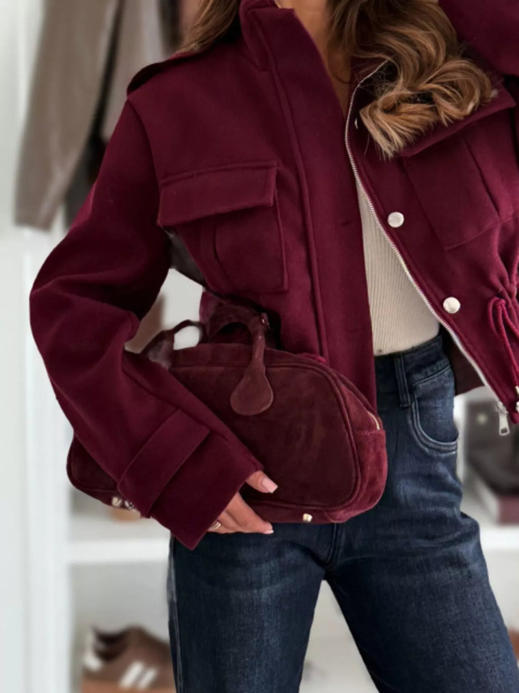 women's drawstring button-up casual jacket - styling option