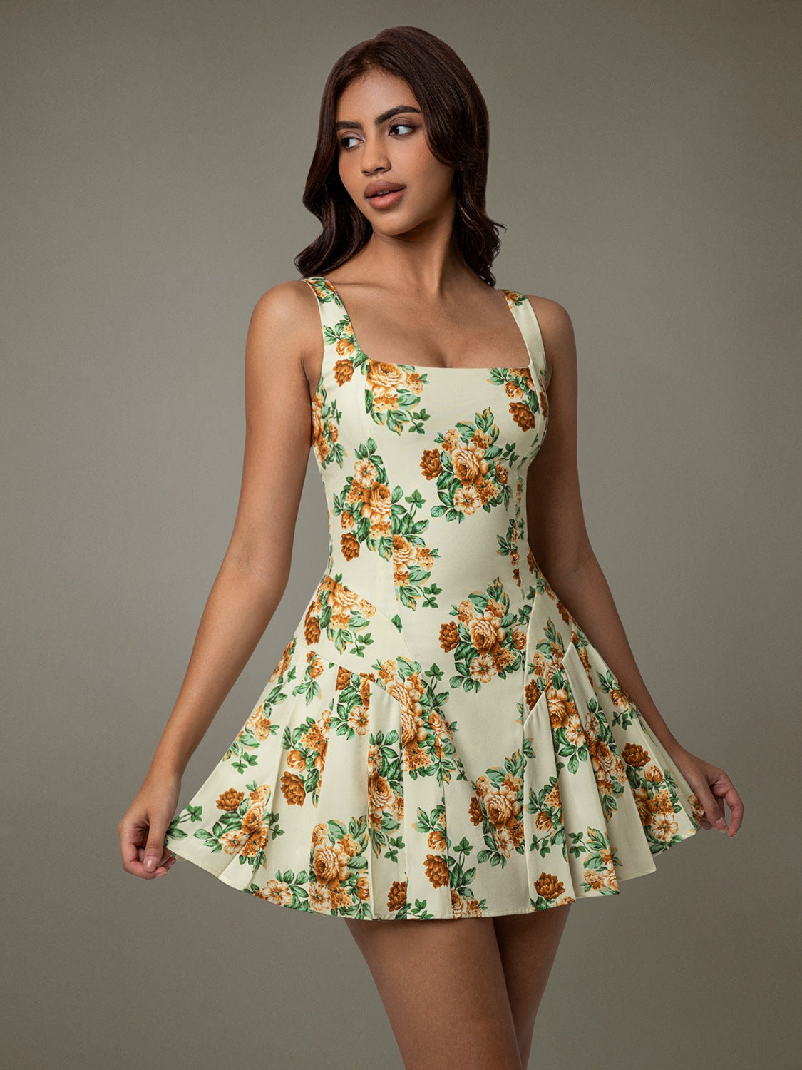 Floral Sleeveless Mini Pleated Dress Pastel Yellow