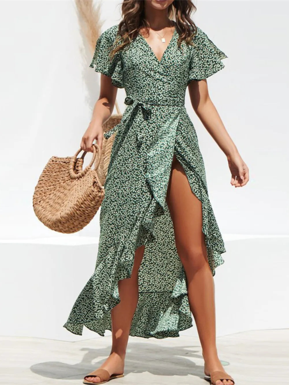 Tied Ruffled Printed Short Sleeve Midi Wrap Dress Dark Green