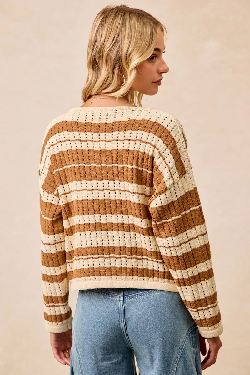 women's bibi striped open knit sweater top with front braided detail - additional image