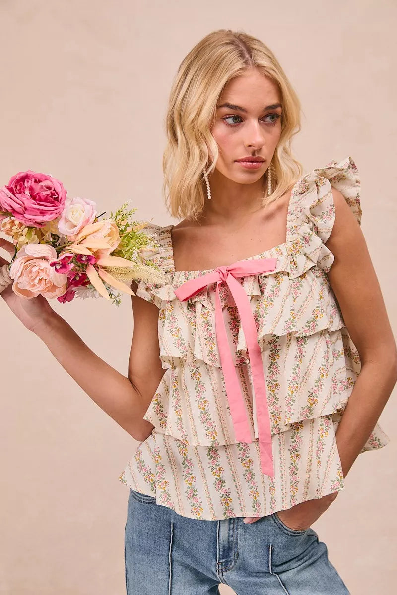 women's bibi floral printed woven front bow tied ruffled square neck sleeveless top - second view