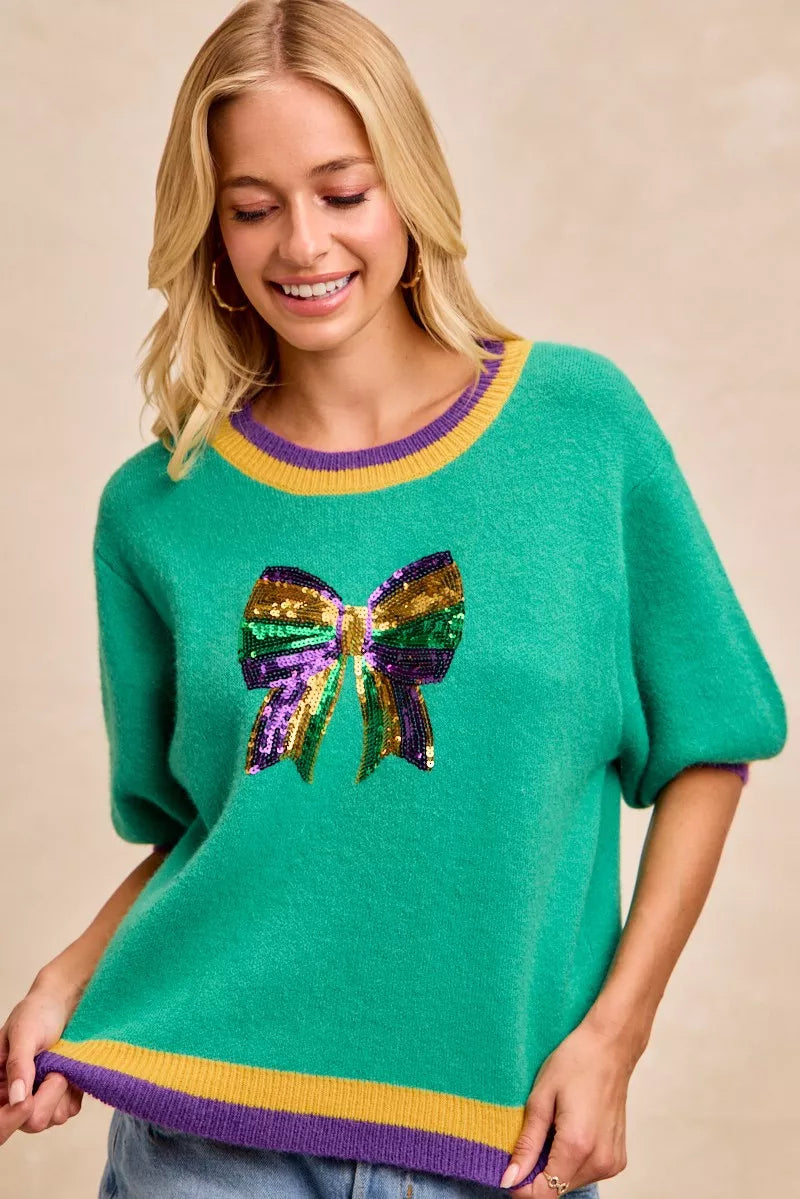 women's bibi mardi gras sequin ribbon patched sweater - additional image