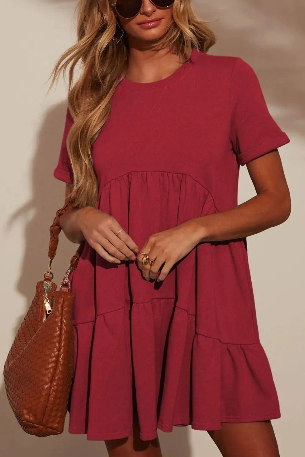 Tiered Round Neck Short Sleeve Mini Dress Deep Red