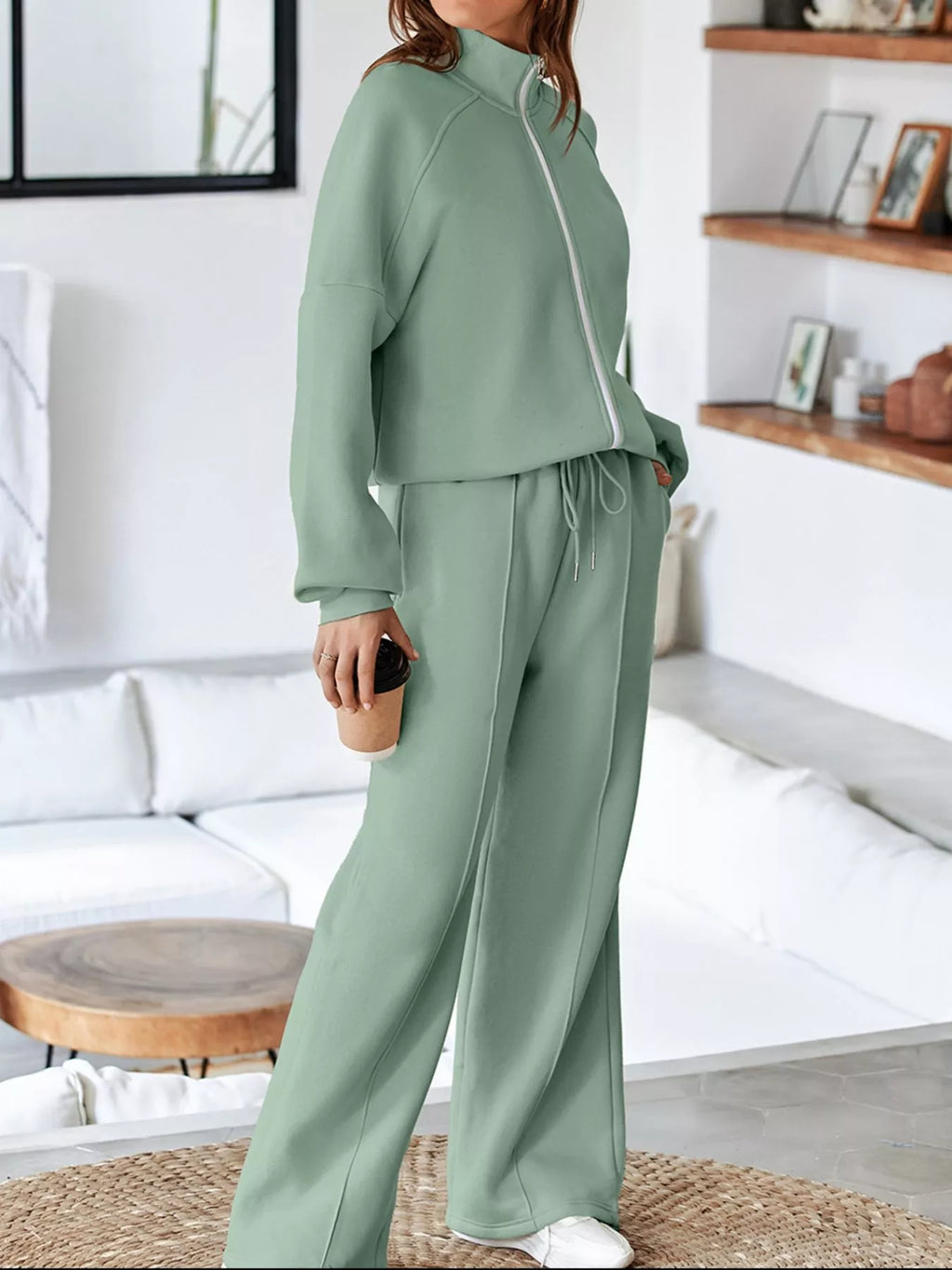 women's drop shoulder zip up jacket and drawstring pants active 2pcs set - styling option