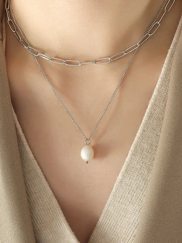 Freshwater Pearl Titanium Steel Double-Layered Necklace Silver One Size