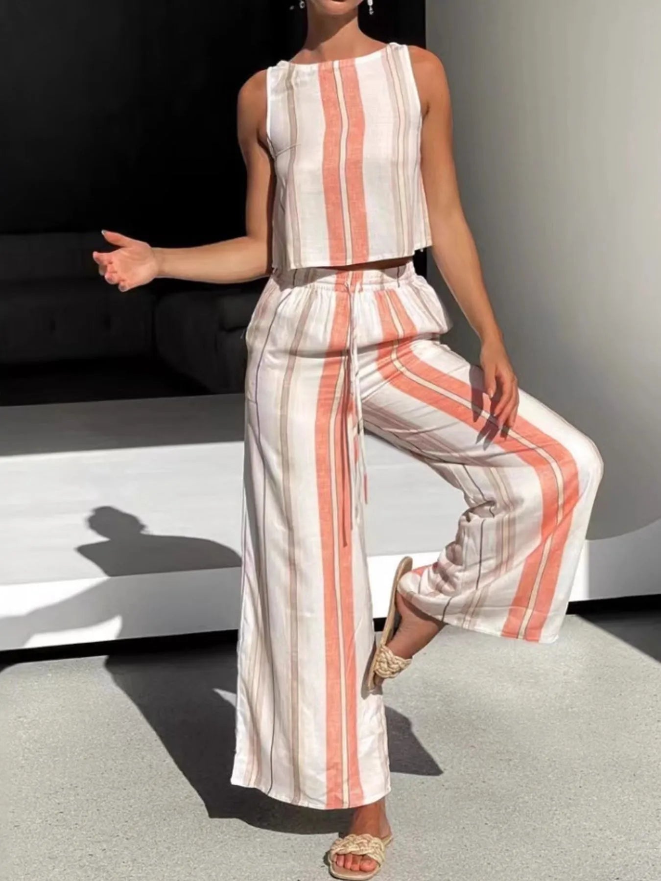 Printed Tank and Wide Leg Pants Set Orange Red