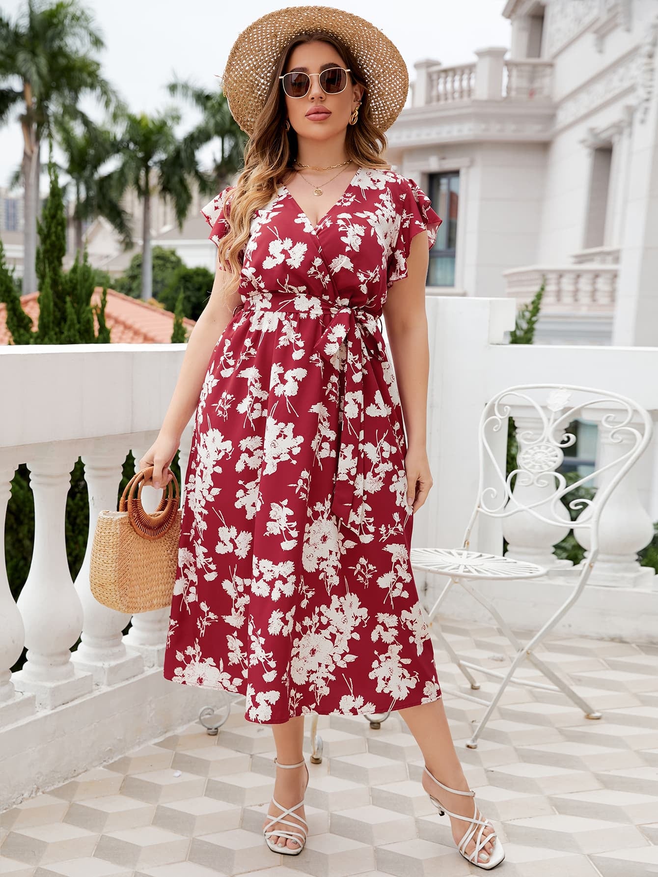 Honey Plus Size Floral Tie Waist Surplice Neck Midi Dress Deep Red