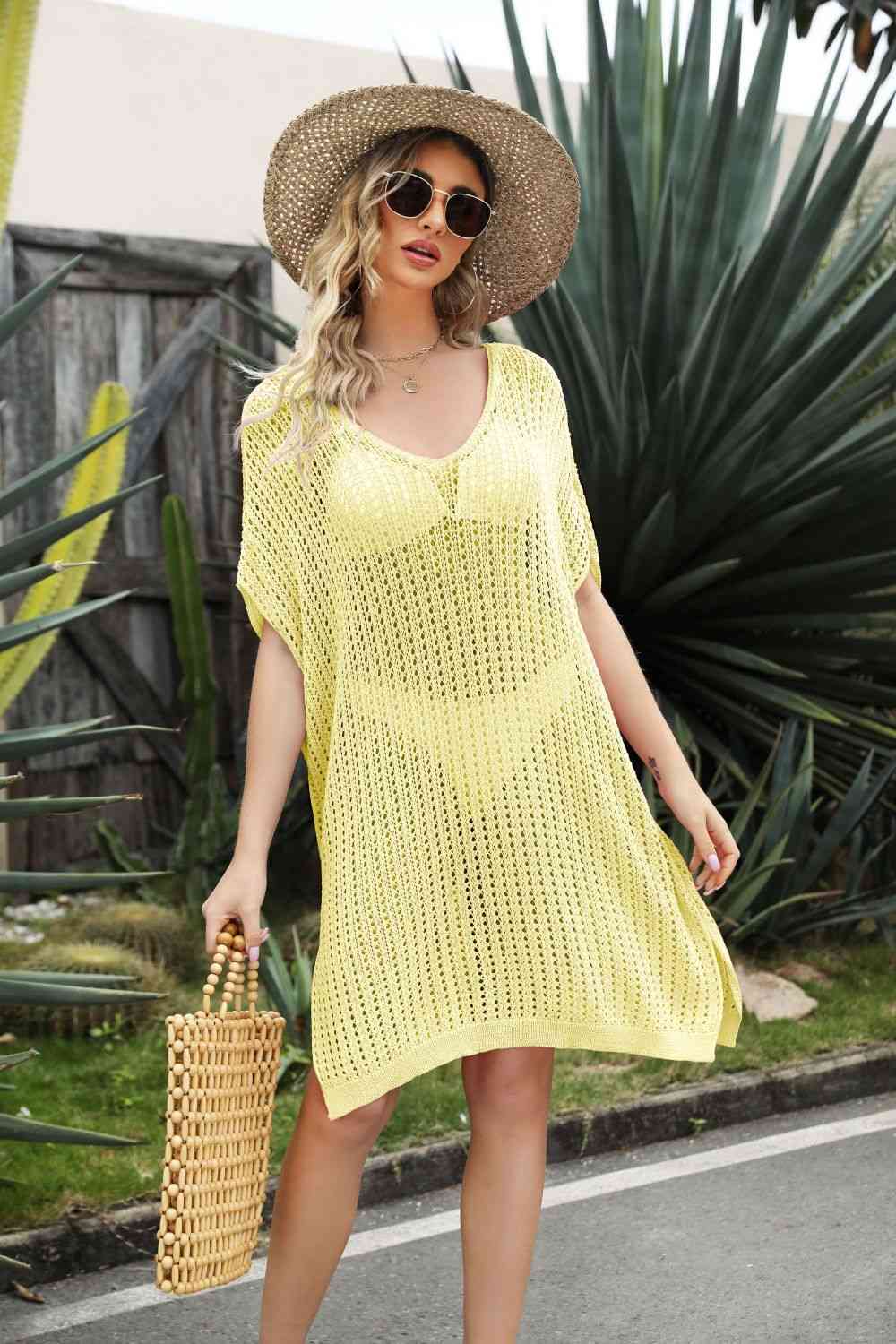 Openwork Side Slit Cover-Up Dress Butter Yellow One Size