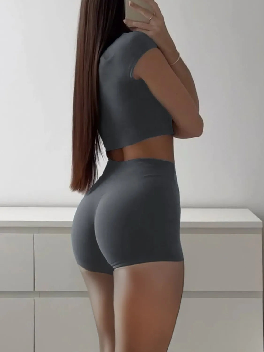 Short Sleeve Crop Top and Shorts Set Dark Gray