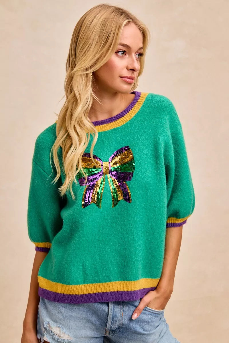 women's bibi mardi gras sequin ribbon patched sweater - additional image
