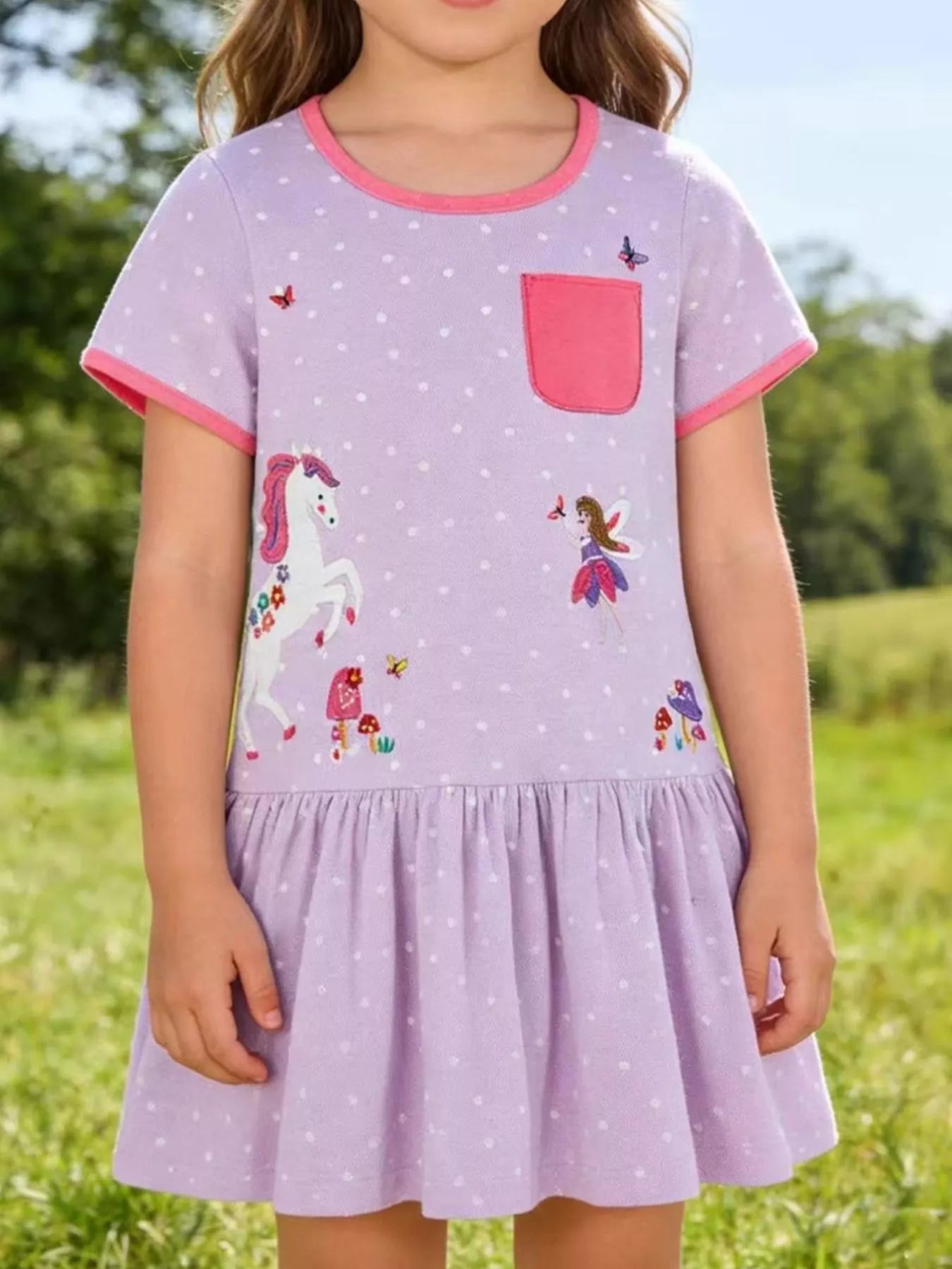 women's children's unicorn & fairy embroidered ruffle hem dress - styled view