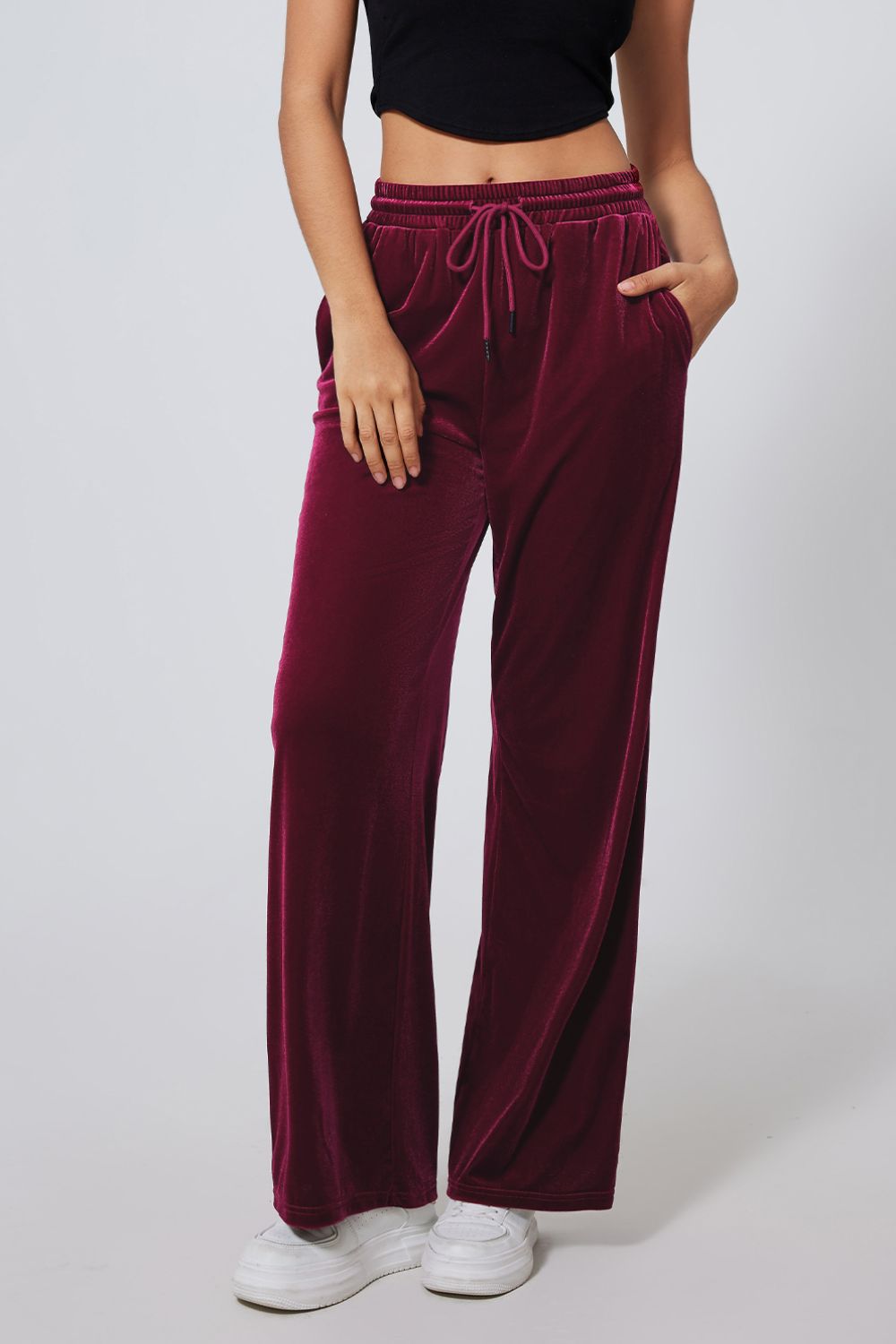 Drawstring Waist Wide Leg Active Pants Burgundy