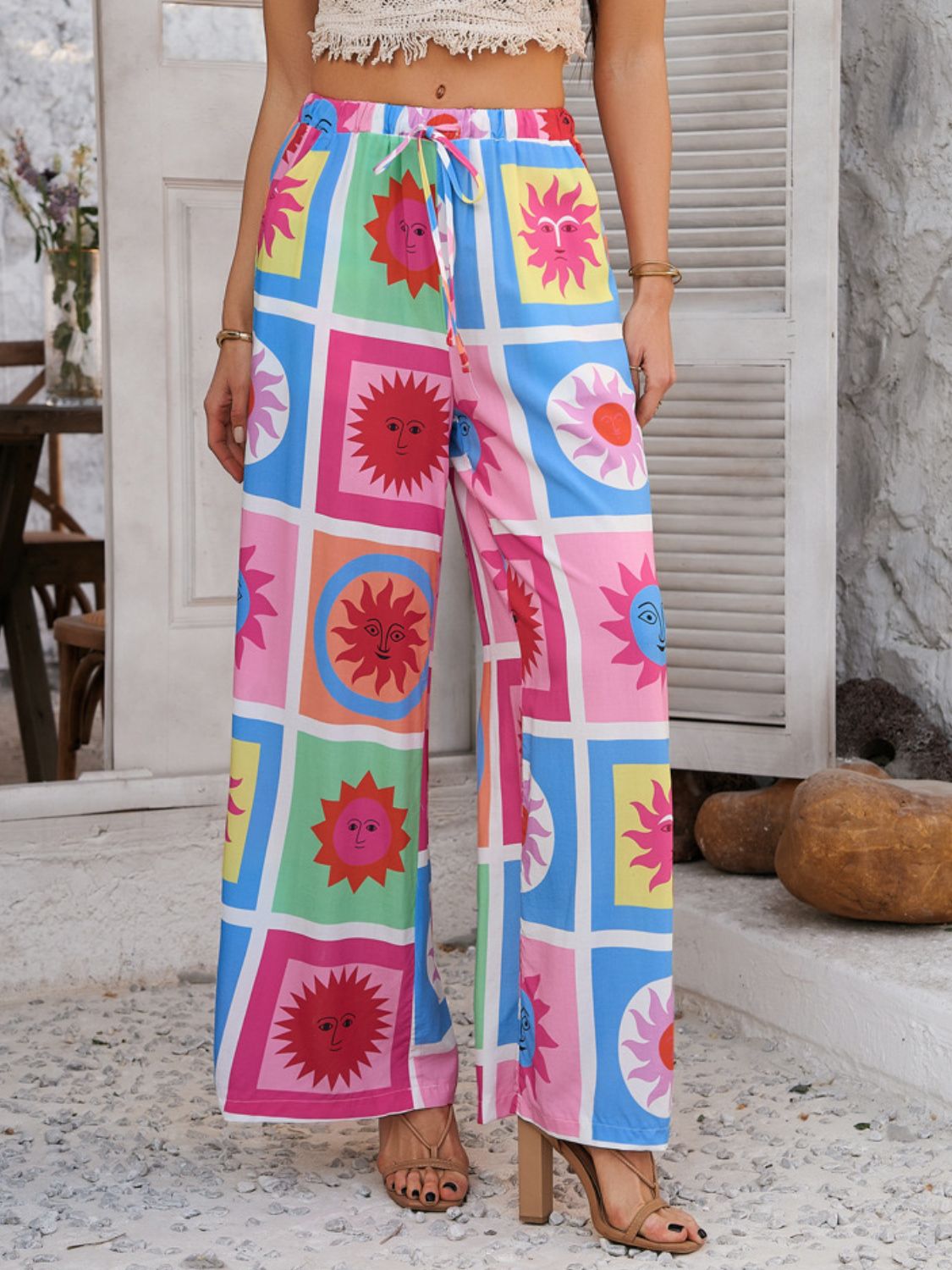 Devine Drawstring Printed Wide Leg Pants