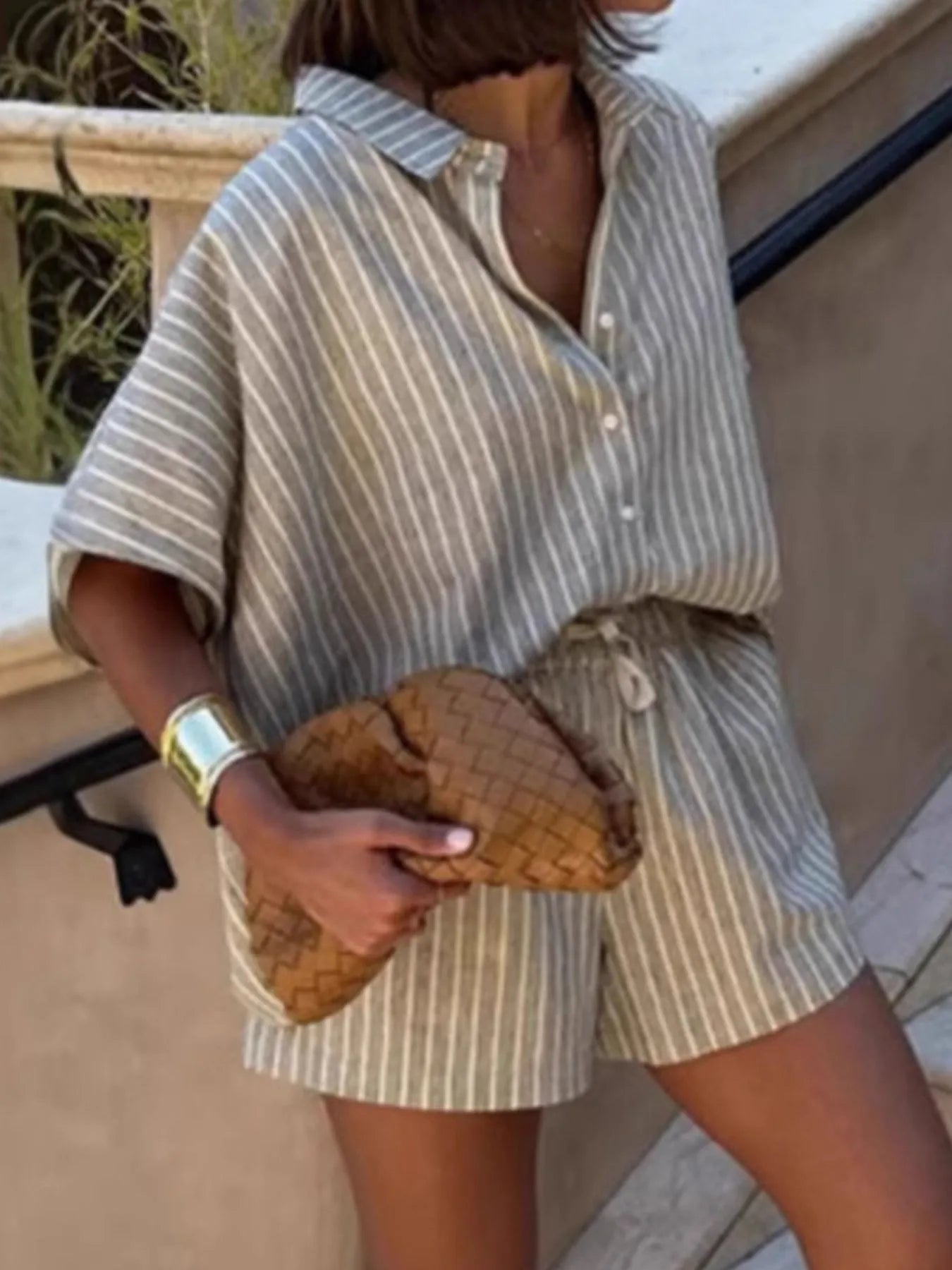 Striped Linen Shirt and Shorts Two-Piece Summer Set