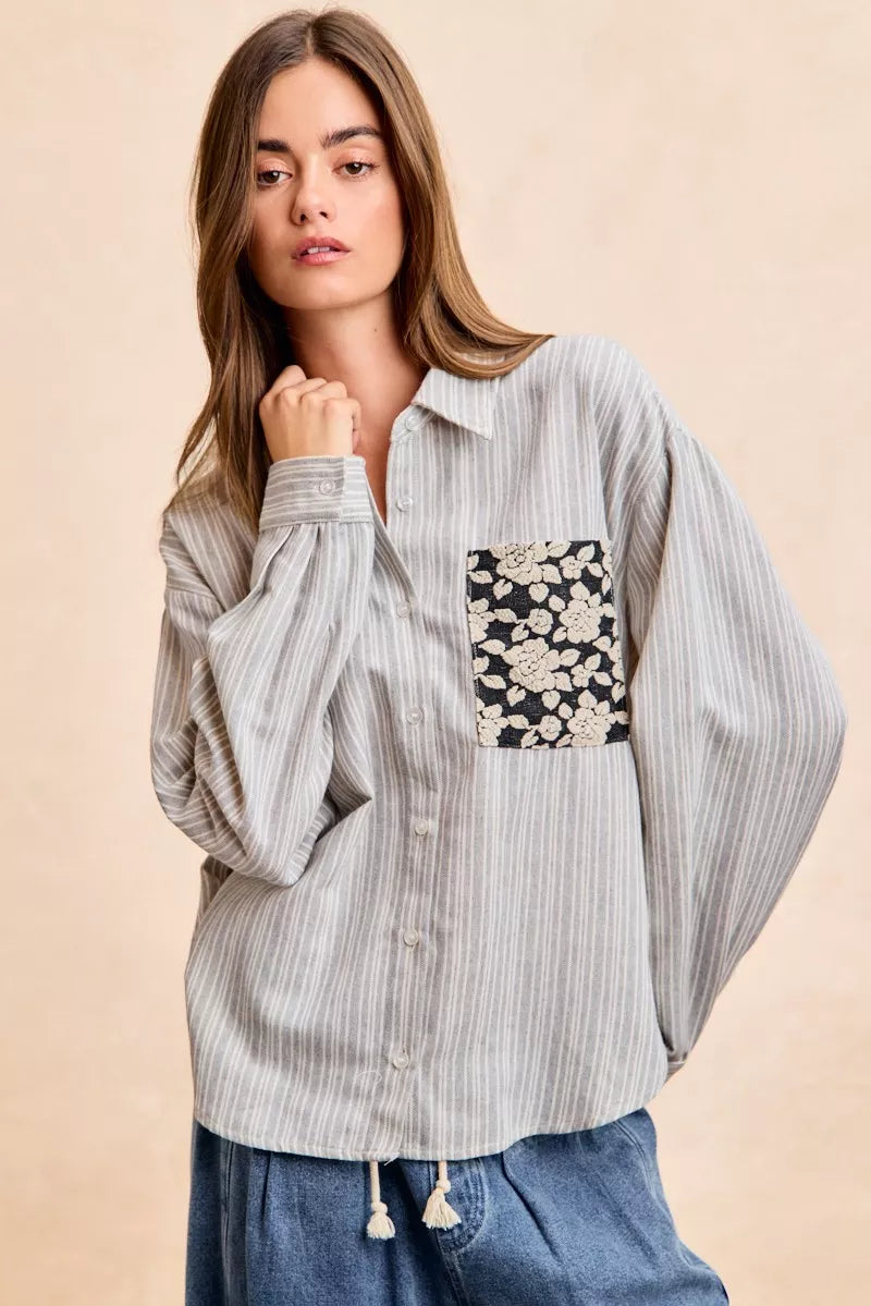 women's bibi flower jacquard knit patch pocket stripe shirt - side view