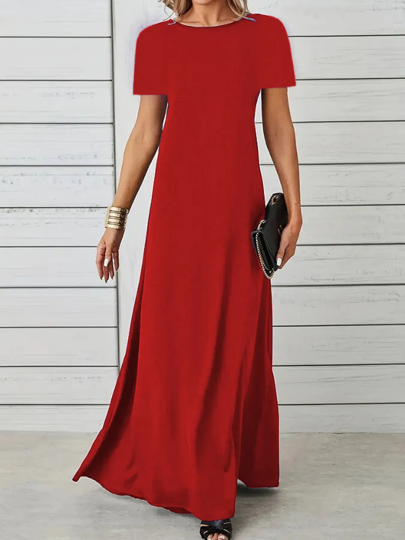 Full Size Round Neck Short Sleeve A-Line Maxi Dress Plus Size Red