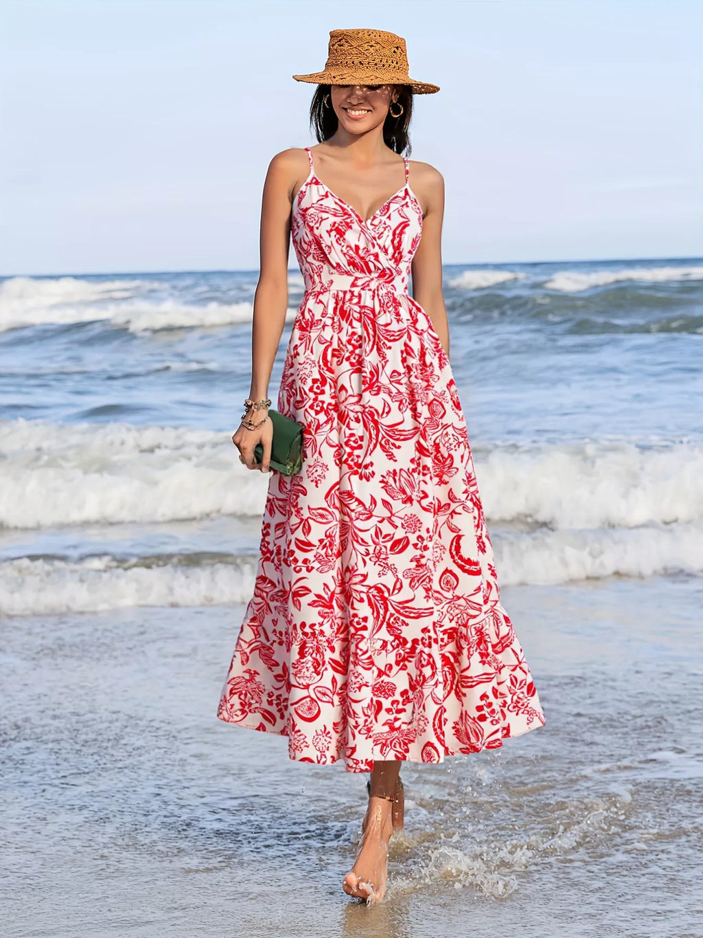 women's printed spaghetti strap midi dress - product showcase