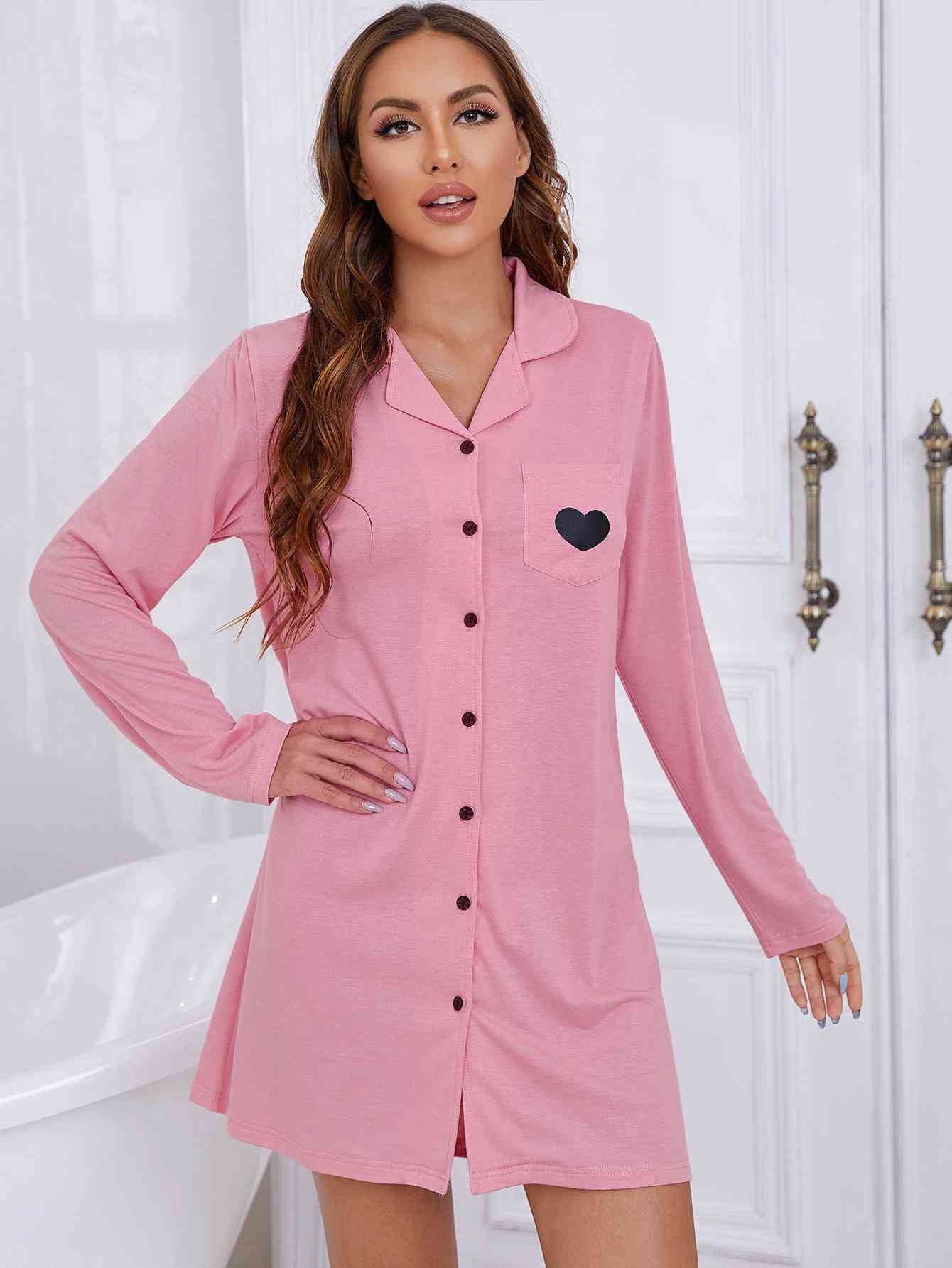 Heart Graphic Lapel Collar Long Sleeve Night Dress Pink