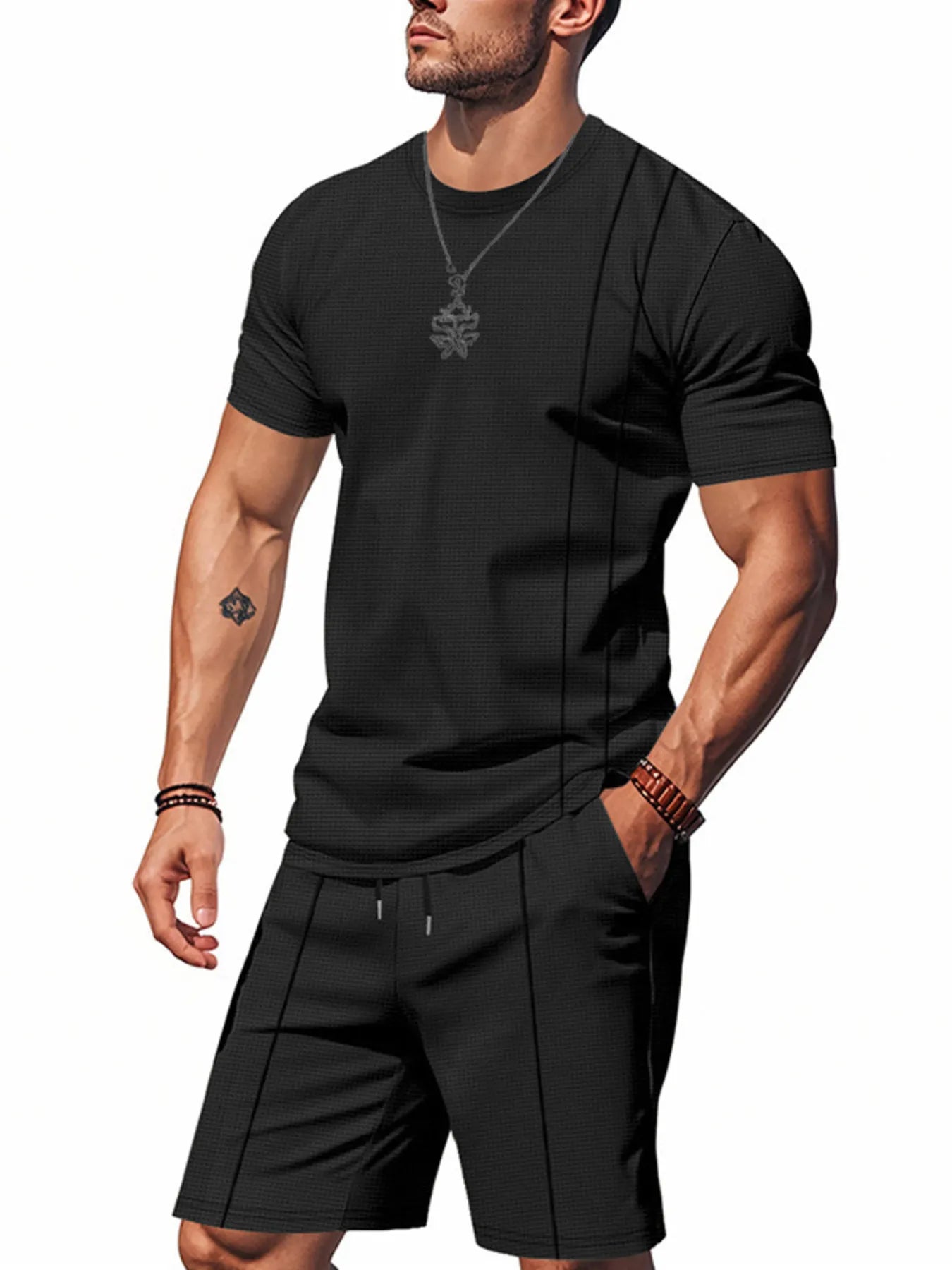 men's men's full size round neck short sleeve top and shorts set plus size - styled view