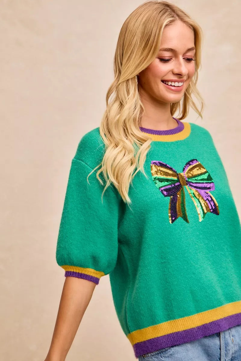 women's bibi mardi gras sequin ribbon patched sweater - product detail