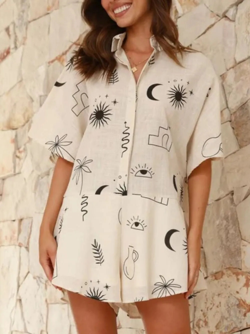 Printed Collared Neck Half Sleeve Romper Beige