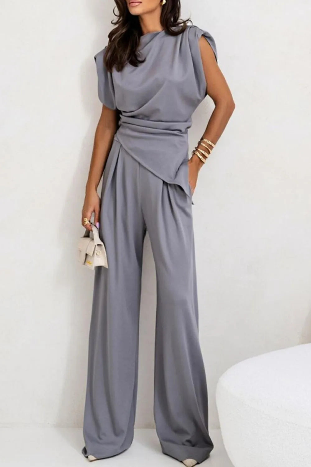 Round Neck Top and Pants Set Light Gray
