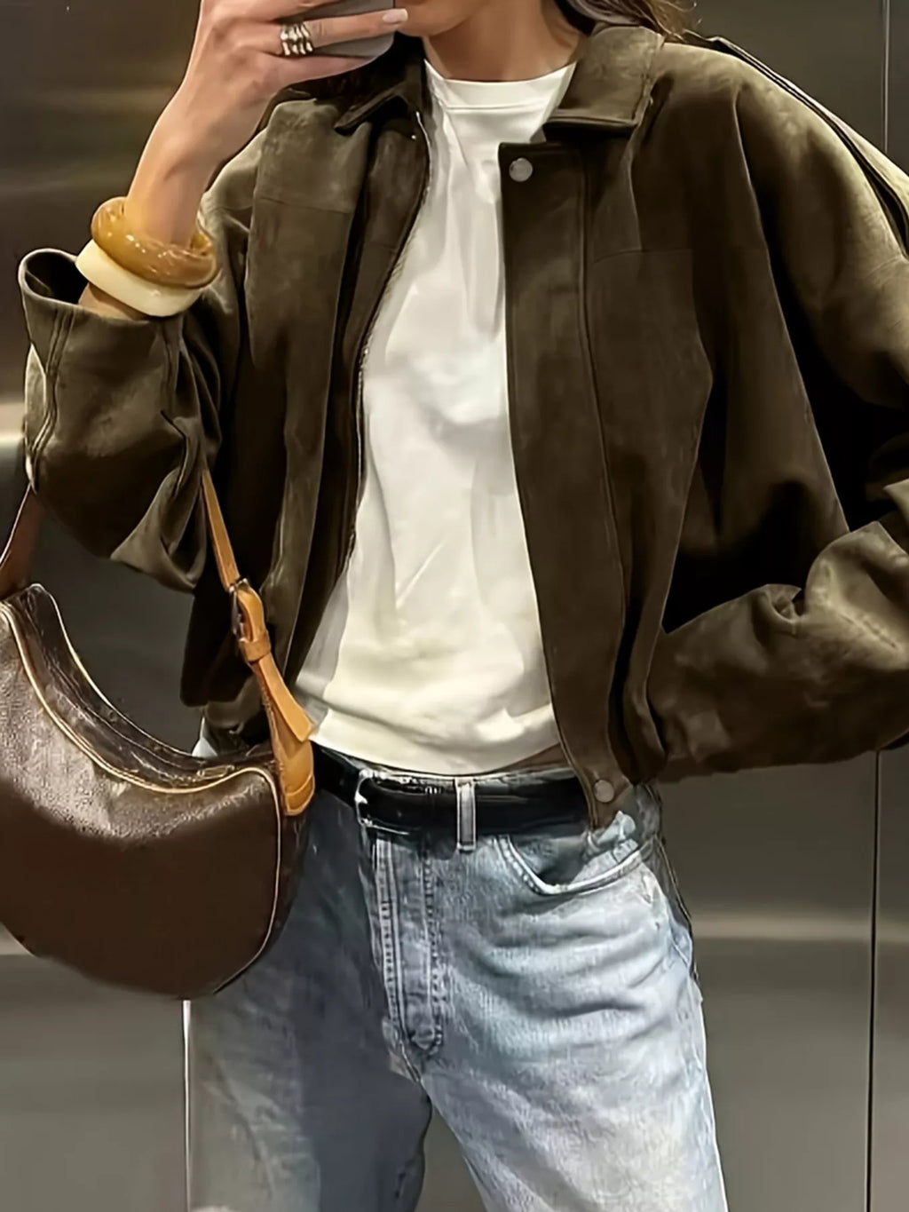 women's plus size suede cropped bomber jacket - additional angle