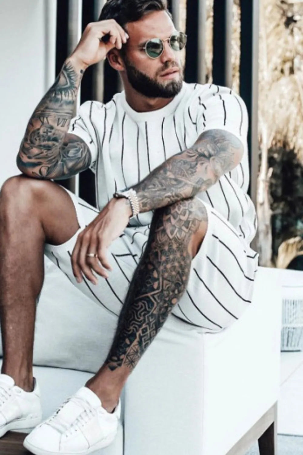 men's men's full size striped casual top and shorts summer set plus size - front view
