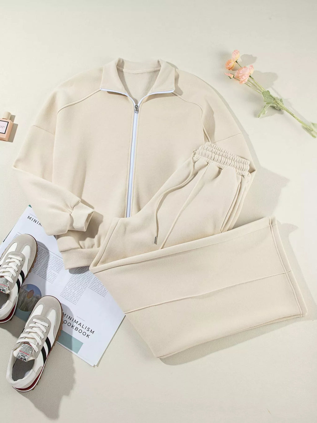 women's drop shoulder zip up jacket and drawstring pants active 2pcs set - additional image