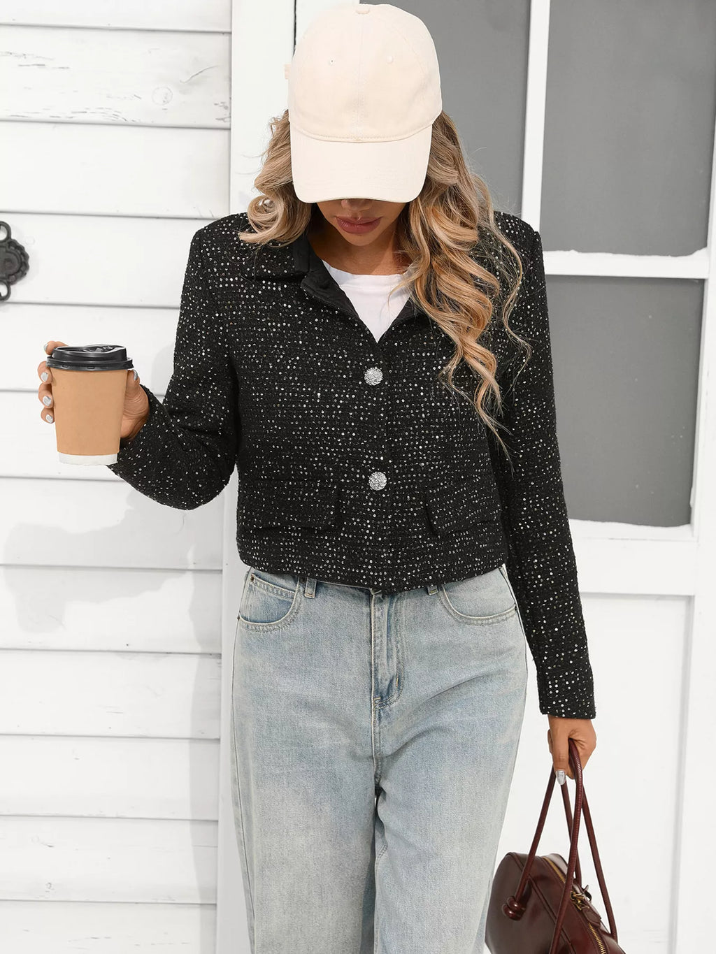 women's tweed button up cropped jacket - side view