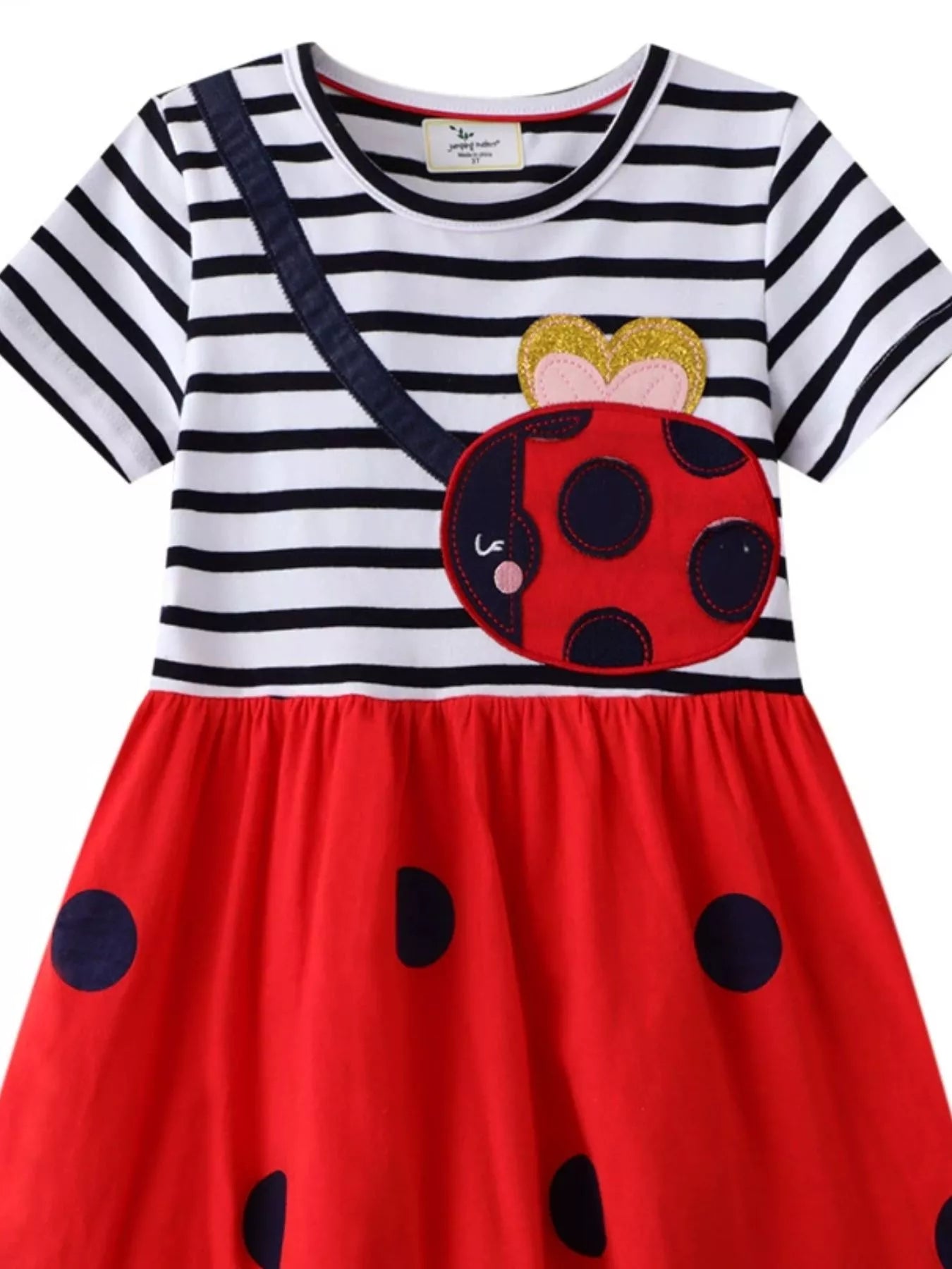 women's children's ladybug applique striped casual dress - alternate angle