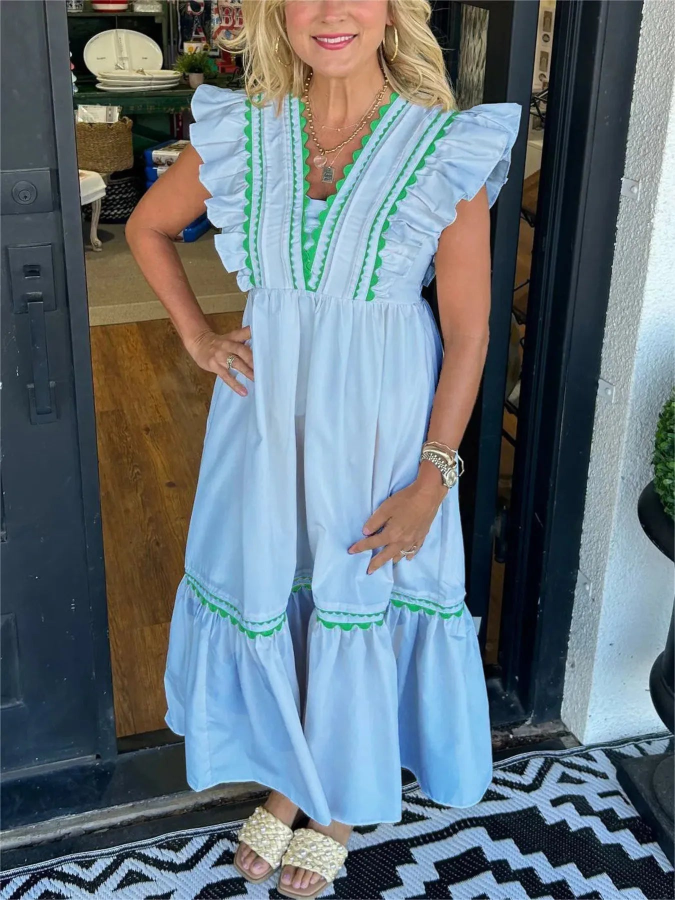 Full Size Contrast Trim Ruffled Cap Sleeve Dress Plus Size Light Blue