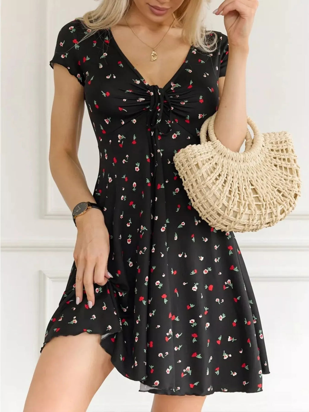 women's full size tie front v-neck mini dress plus size - styled view