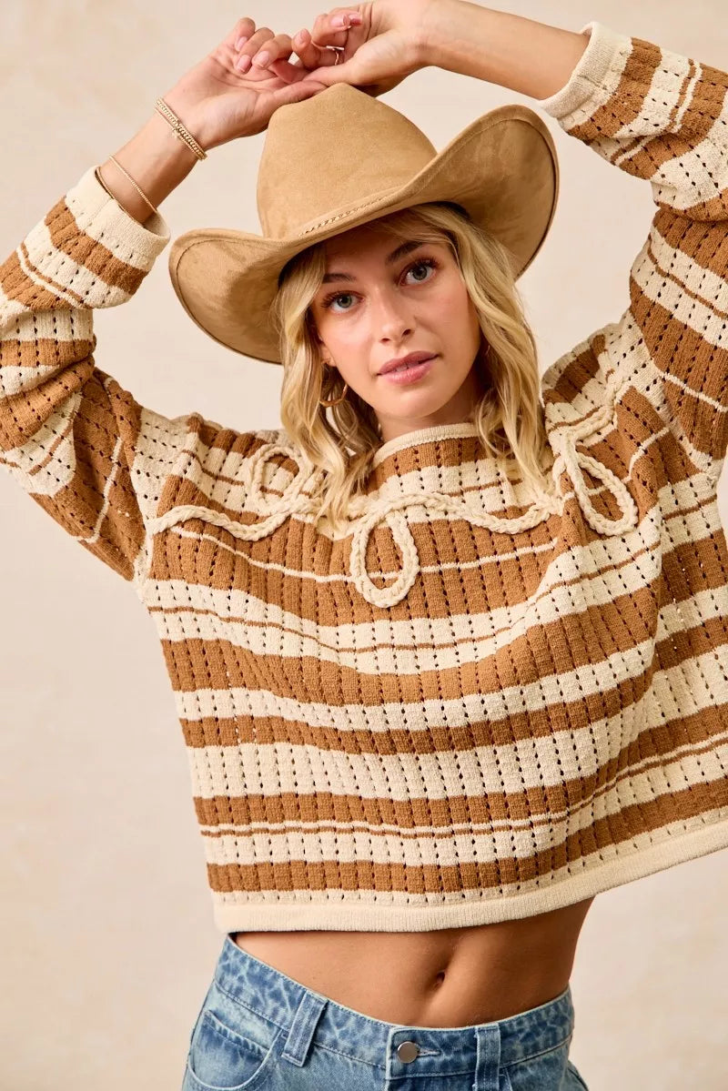 women's bibi striped open knit sweater top with front braided detail - product detail