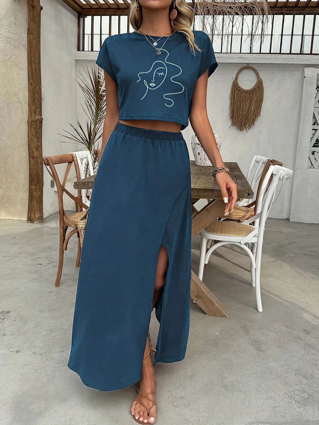 Round Neck Short Sleeve Top and Skirt Set French Blue
