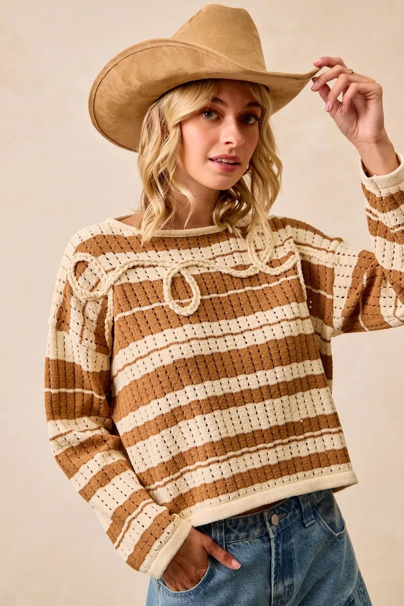 women's bibi striped open knit sweater top with front braided detail - additional image