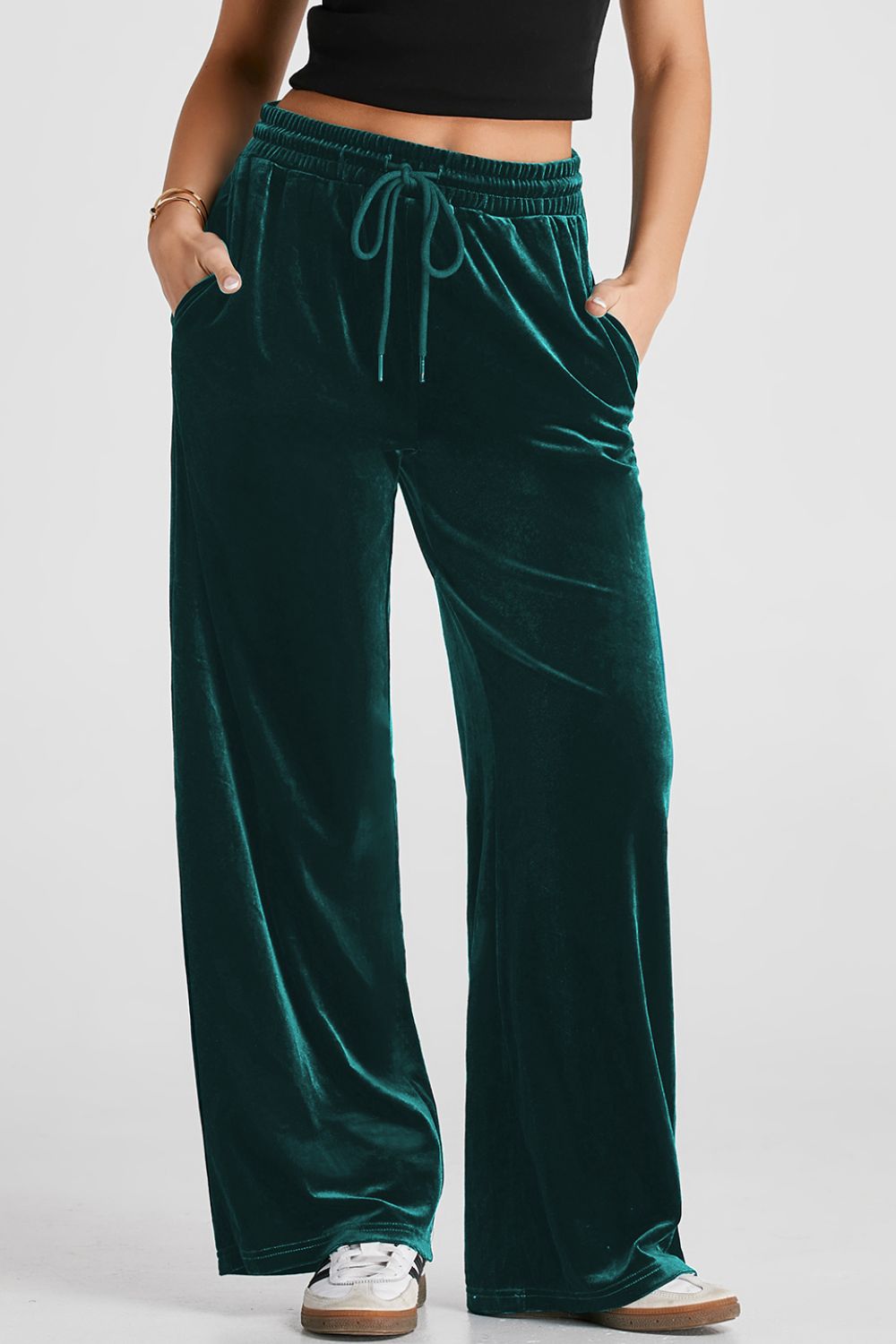 Drawstring Waist Wide Leg Active Pants Black Forest