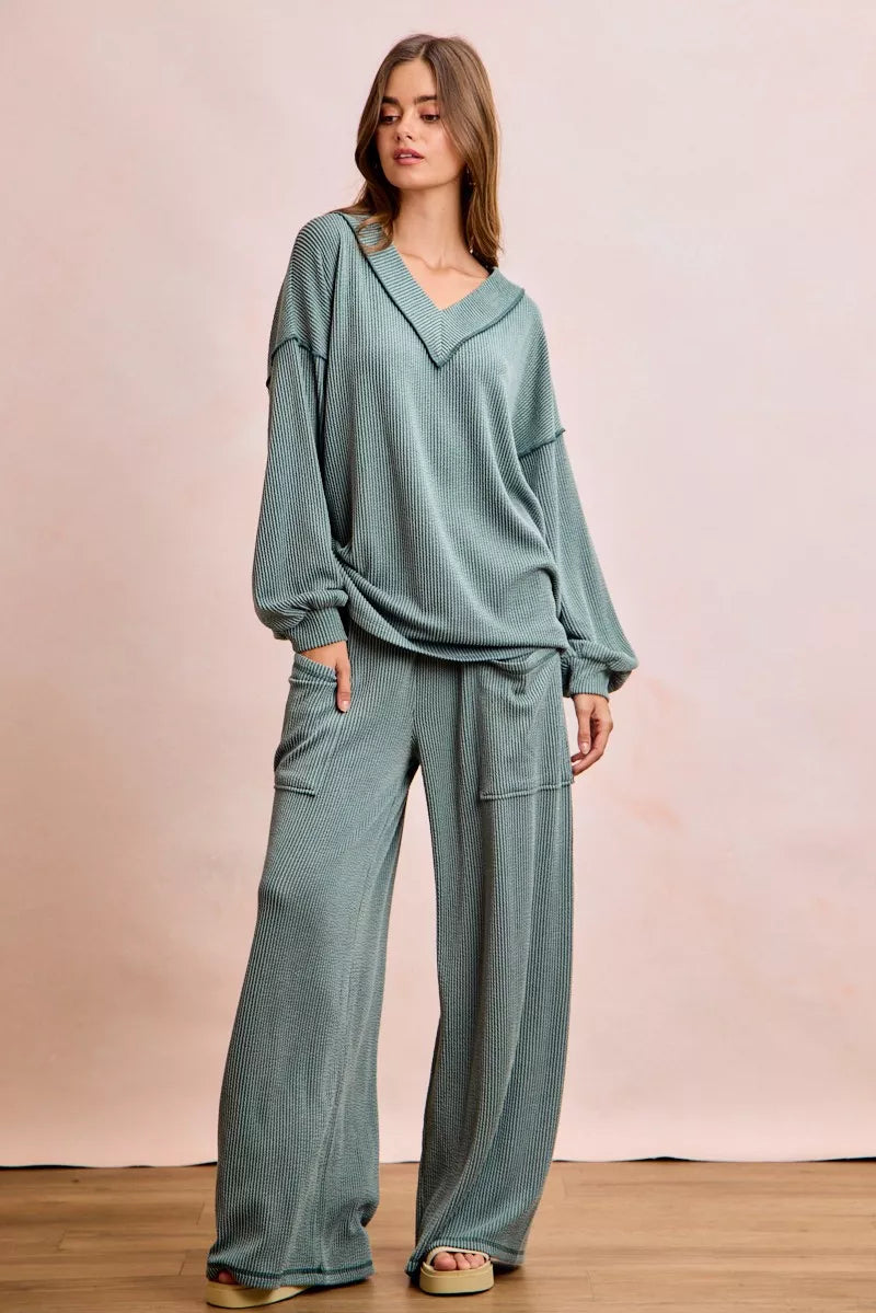 women's bibi two tone cord rib contrast stitching v-neck top and pants set - product detail