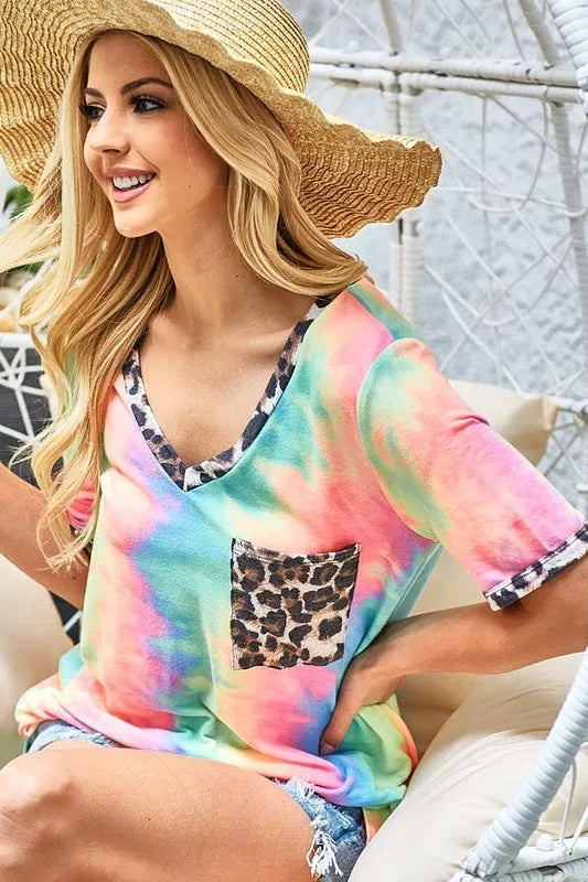 women's bibi tie dye print v neck top with front patch pocket - product detail