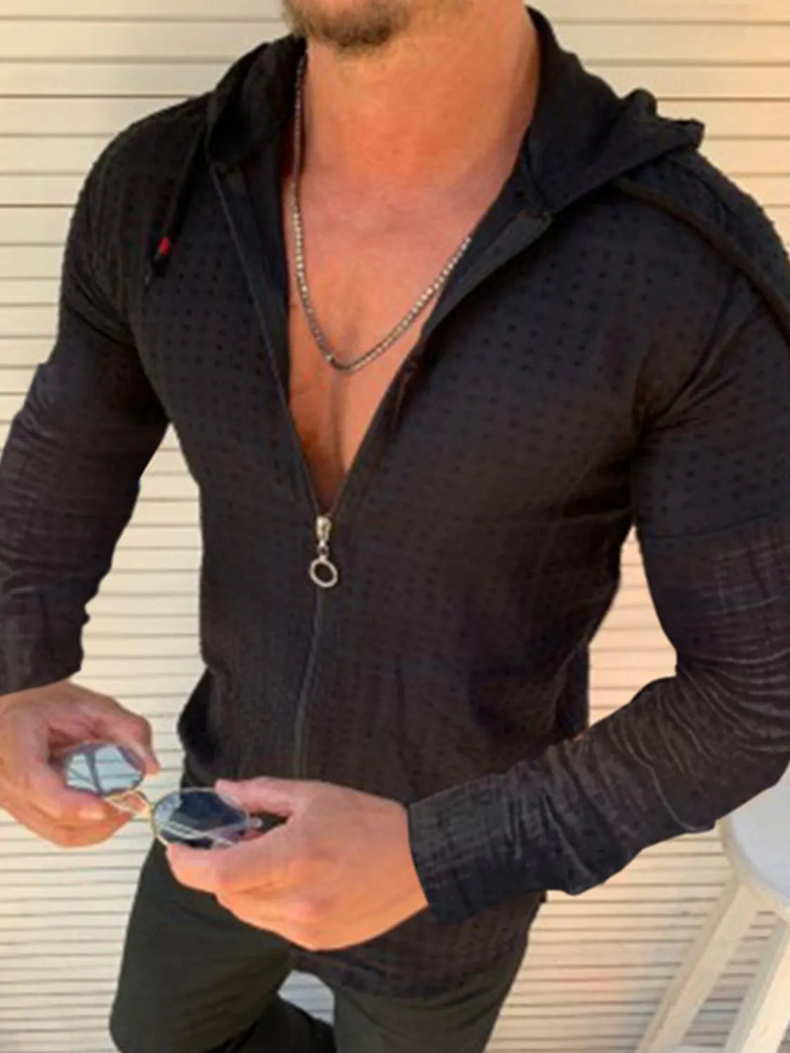 Men's Full Size Zip Up Long Sleeve Hooded Top Plus Size Black