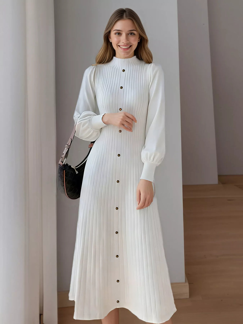 women's ribbed knit mock neck midi dress - additional image